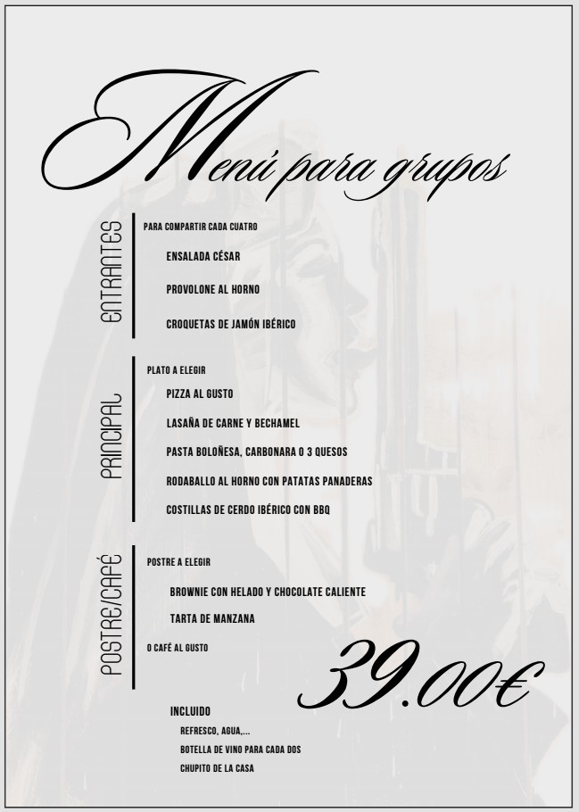 Menú para grupos de Navidad: entrantes para compartir, plato principal y postre o café a elegir, con bebida, vino y chupito incluidos. 39,00 € por persona.